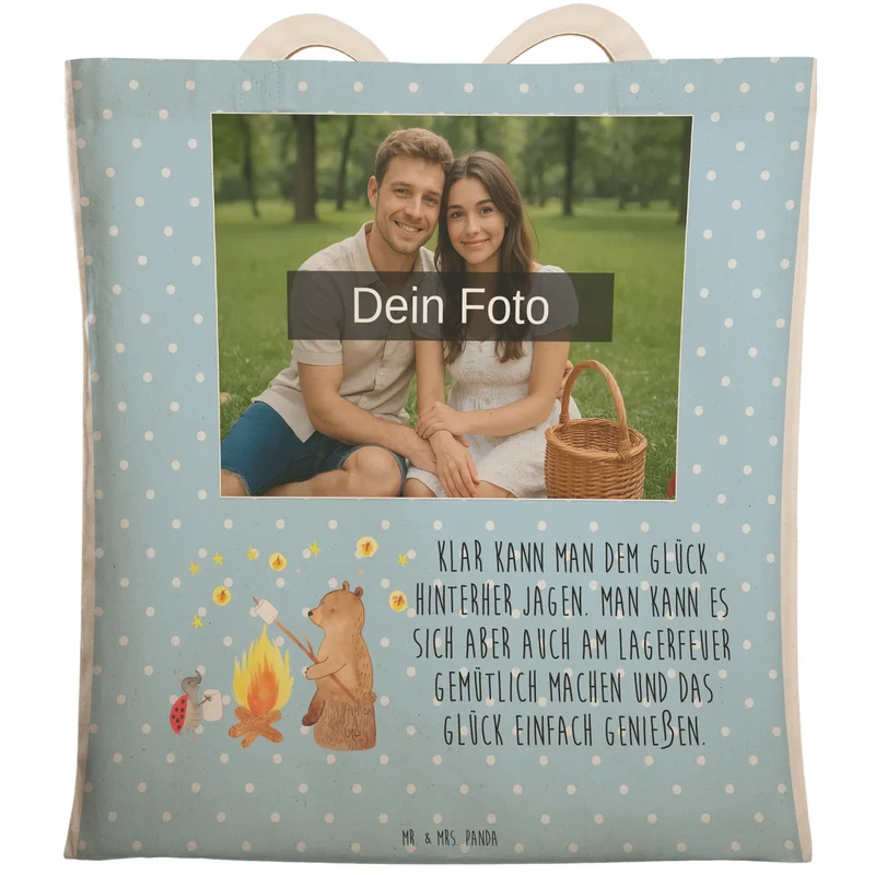 Personalisierte Foto Einkaufstasche Bär & Marienkäfer Lagerfeuer