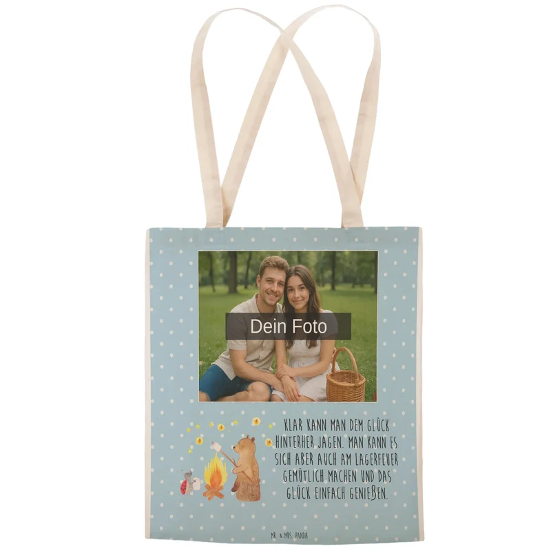 Personalisierte Foto Einkaufstasche Bär & Marienkäfer Lagerfeuer