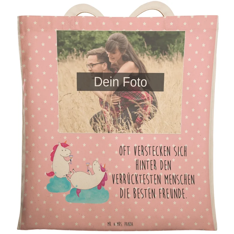 Personalisierte Foto Einkaufstasche Einhorn Sekt