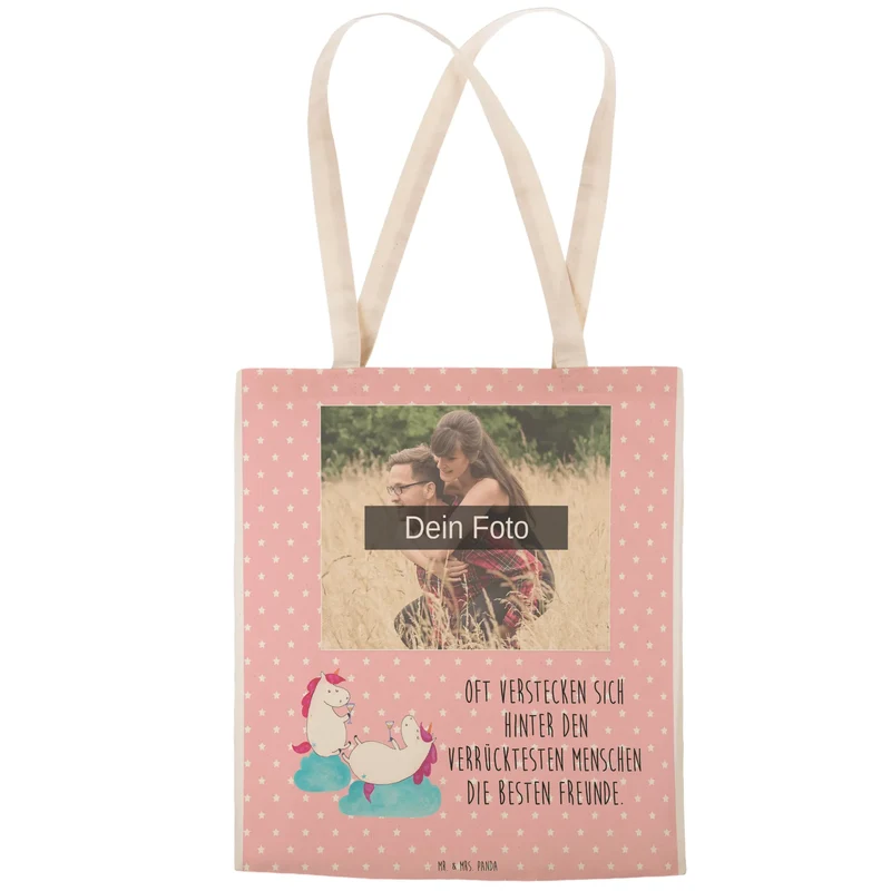 Personalisierte Foto Einkaufstasche Einhorn Sekt