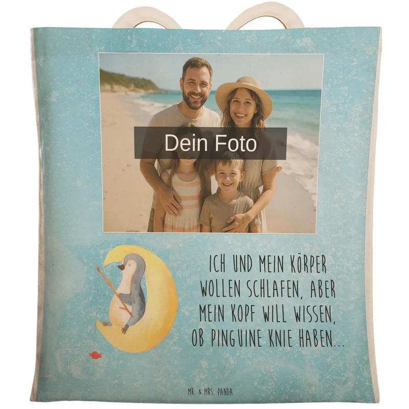 Personalisierte Foto Einkaufstasche Pinguin Mond
