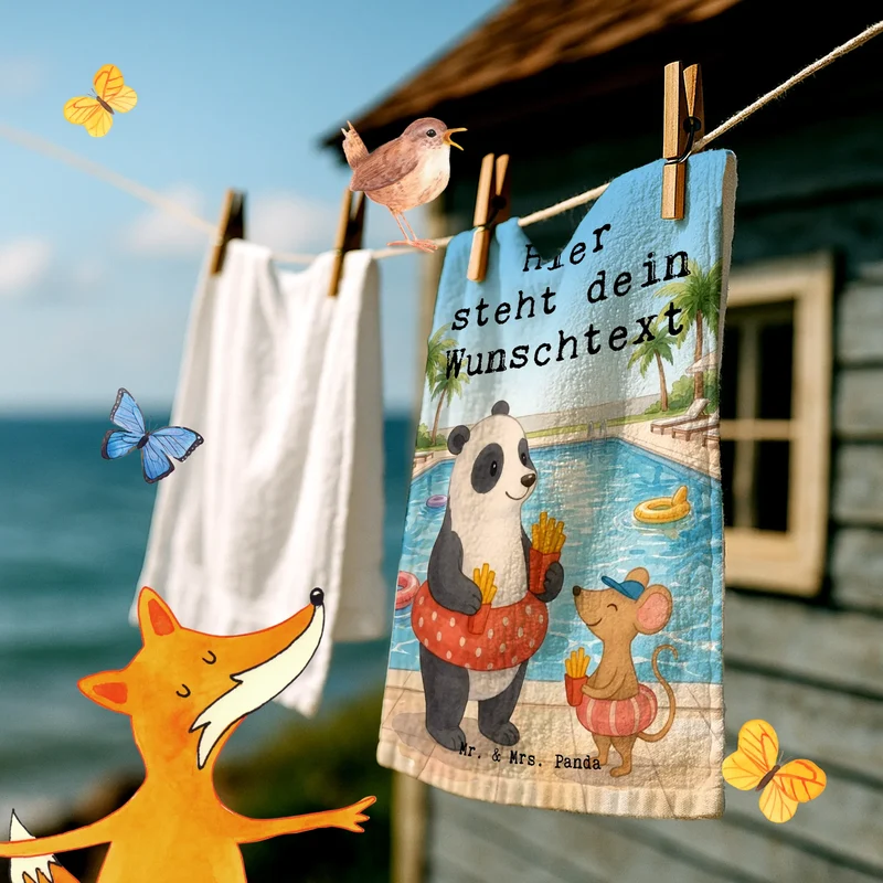 Personalisiertes Gästehandtuch Panda Schwimmbad Pommes Design