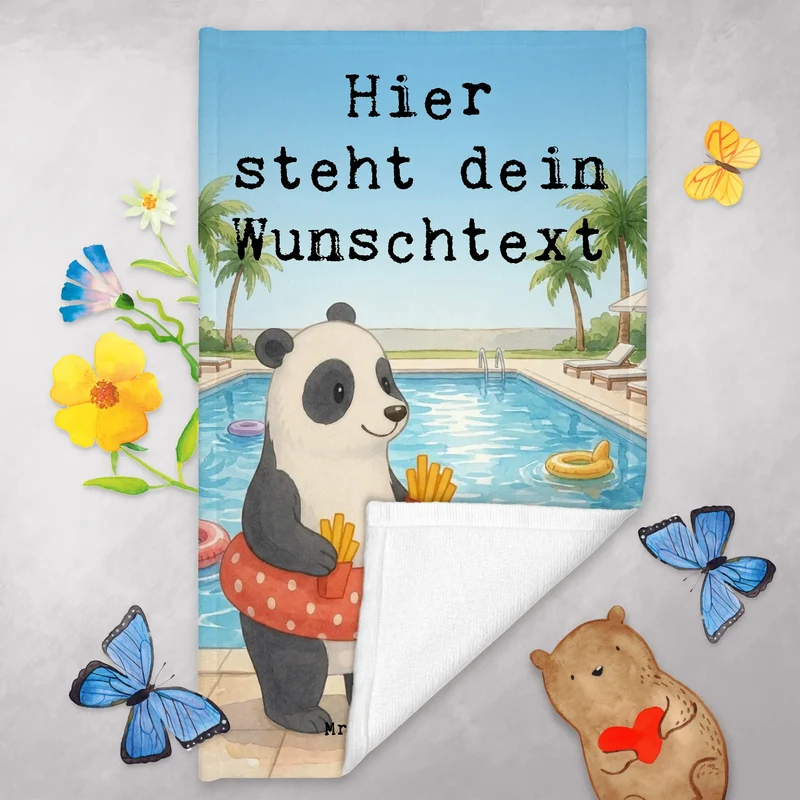 Personalisiertes Gästehandtuch Panda Schwimmbad Pommes Design