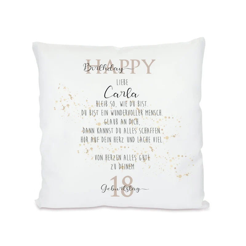 Kissen zum Geburtstag "Happy Birthday" | Personalisiertes Geschenk mit besonderen Geburtstagswünschen | Geburtstagsgeschenk mit Namen und Wunschzahl