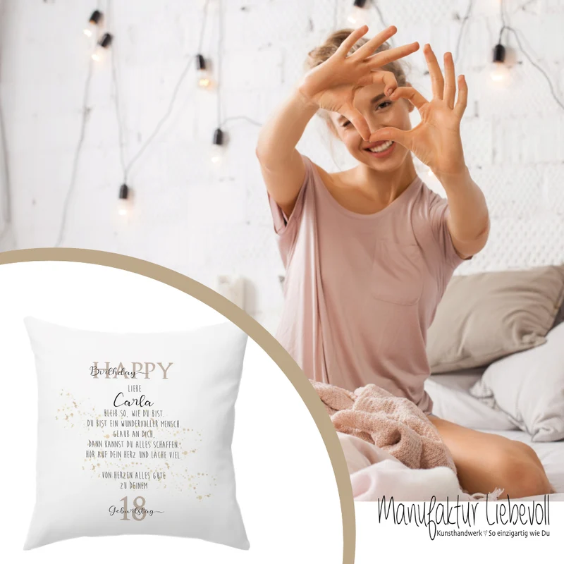 Kissen zum Geburtstag "Happy Birthday" | Personalisiertes Geschenk mit besonderen Geburtstagswünschen | Geburtstagsgeschenk mit Namen und Wunschzahl