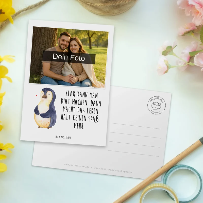 Personalisierte Foto Postkarte Pinguin Diät