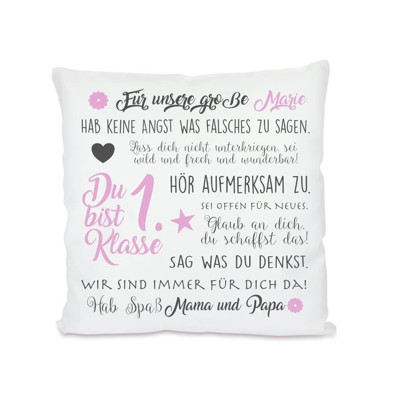 Kissen zum Schulbeginn "Du bist 1. Klasse" | Personalisiertes Geschenk zur Einschulung für Jungen und Mädchen | 4 Varianten zur Auswahl