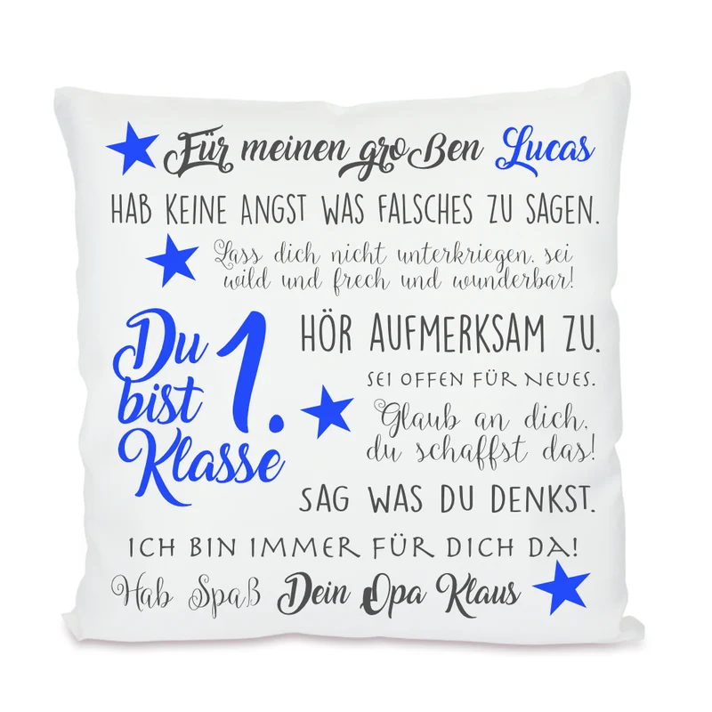 Kissen zur Einschulung "Du bist 1. Klasse" | Personalisiertes Einschulungsgeschenk für Mädchen und Jungen | 4 Varianten zur Auswahl