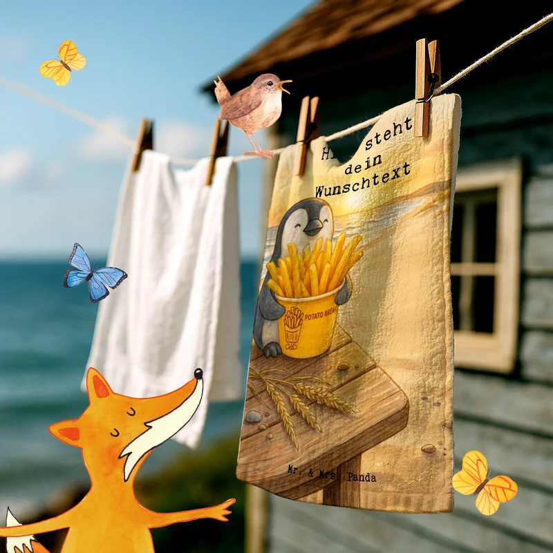 Personalisiertes Gästehandtuch Pinguin Pommes Eimer Design