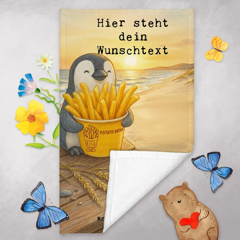 Personalisiertes Gästehandtuch Pinguin Pommes Eimer Design