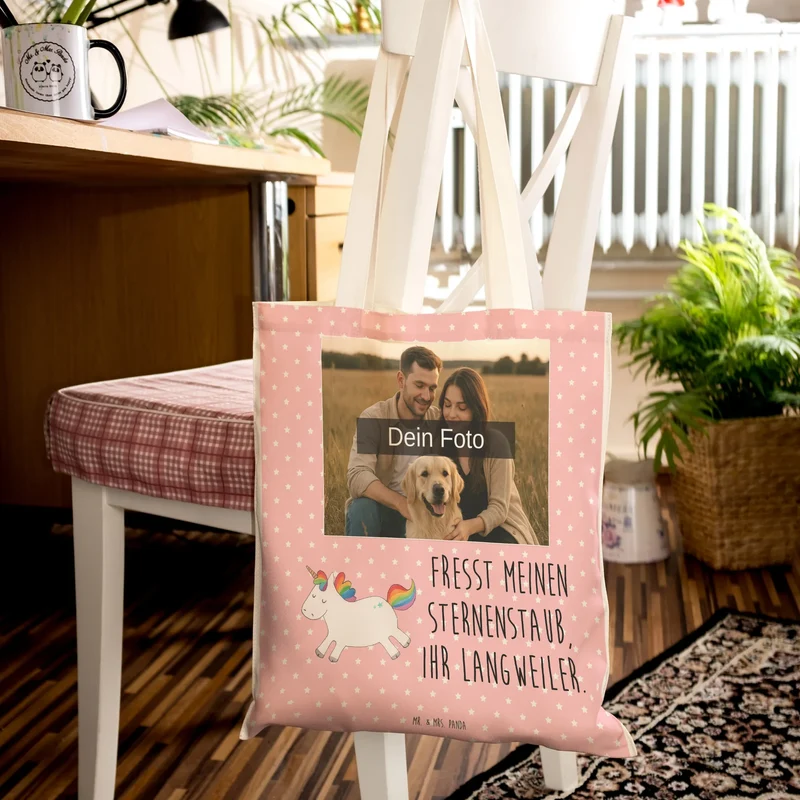 Personalisierte Foto Einkaufstasche Einhorn Happy
