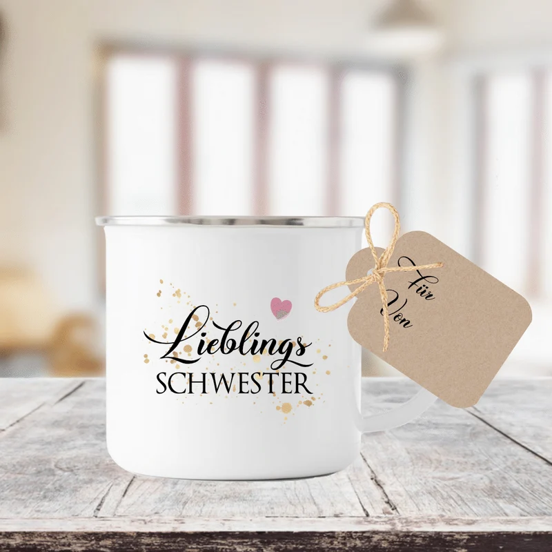 Tasse "Lieblingsschwester" | Geschenk für die Schwester | Emailletasse mit Geschenkanhänger | 12 Motivvarianten zur Auswahl