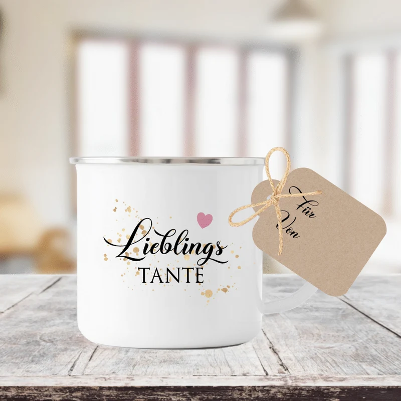 Tasse "Lieblingstante" | Geschenk für die Tante | Emailletasse mit Geschenkanhänger | 12 Motivvarianten zur Auswahl