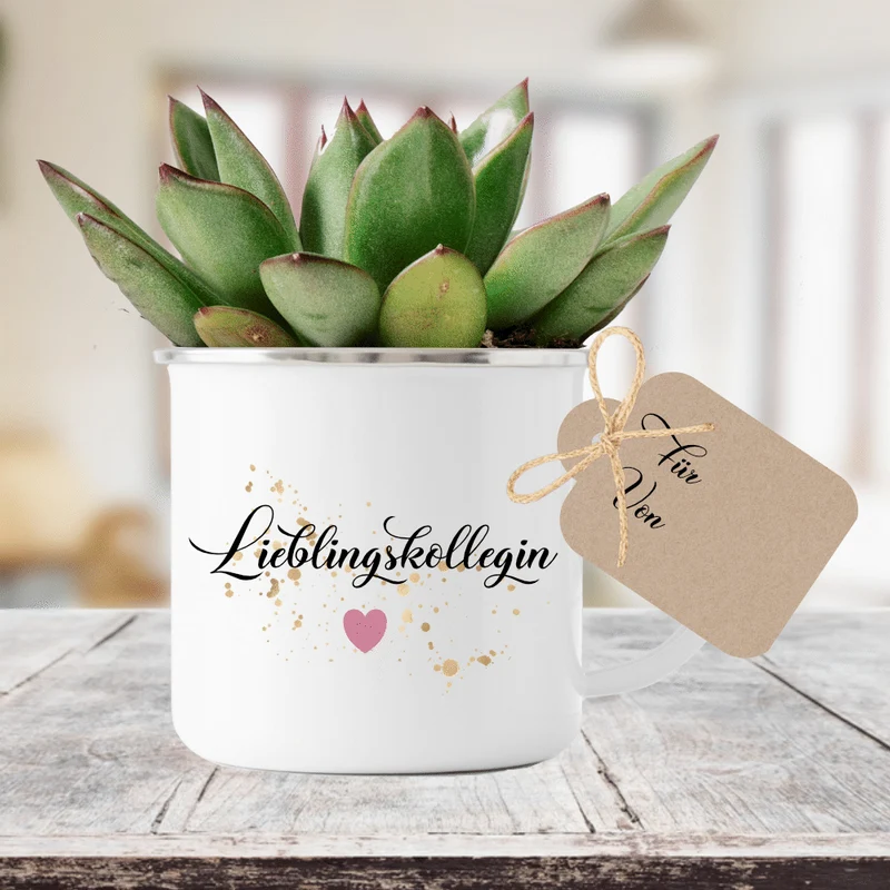 Tasse "Lieblingskollegin" | Geschenk für die Arbeitskollegin | Emailletasse mit Geschenkanhänger | 12 Motivvarianten zur Auswahl