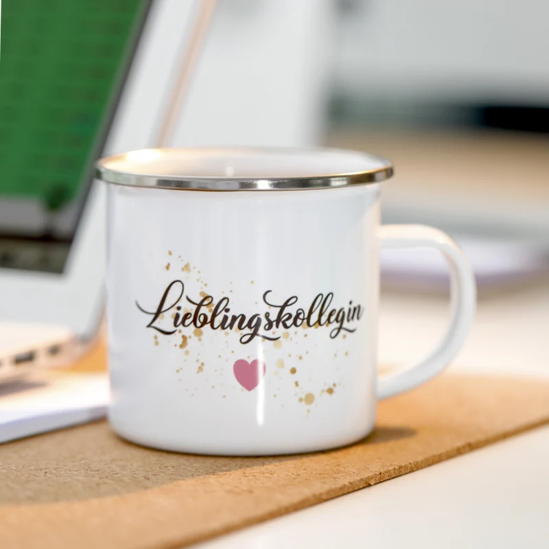 Tasse "Lieblingskollegin" | Geschenk für die Arbeitskollegin | Emailletasse mit Geschenkanhänger | 12 Motivvarianten zur Auswahl
