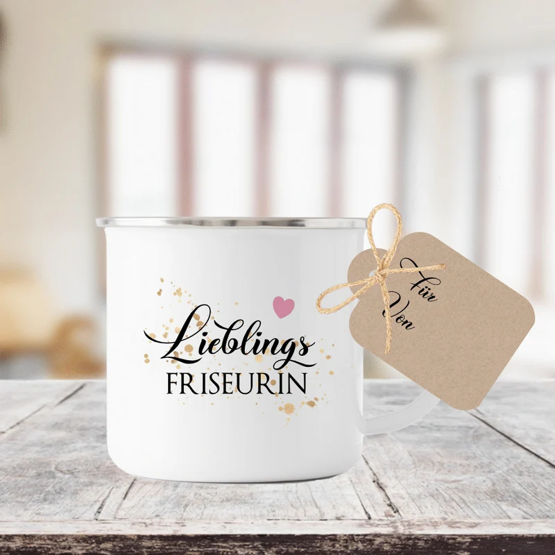 Tasse "Lieblingsfriseurin" | Geschenk für die Friseurin | Emailletasse mit Geschenkanhänger | 12 Motivvarianten zur Auswahl