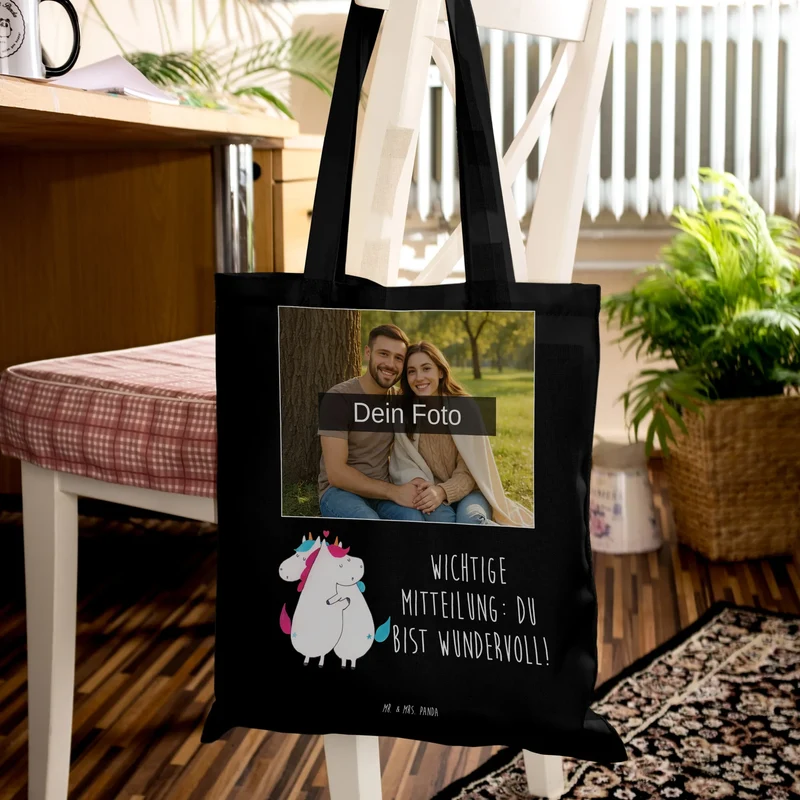 Personalisierte Foto Tragetasche Einhorn Mitteilung