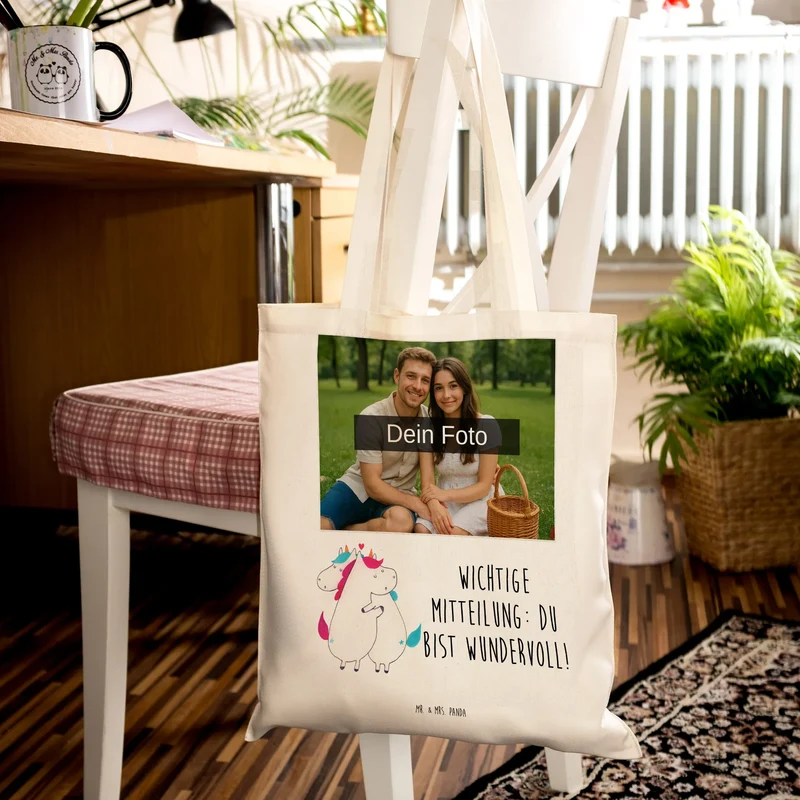 Personalisierte Foto Tragetasche Einhorn Mitteilung