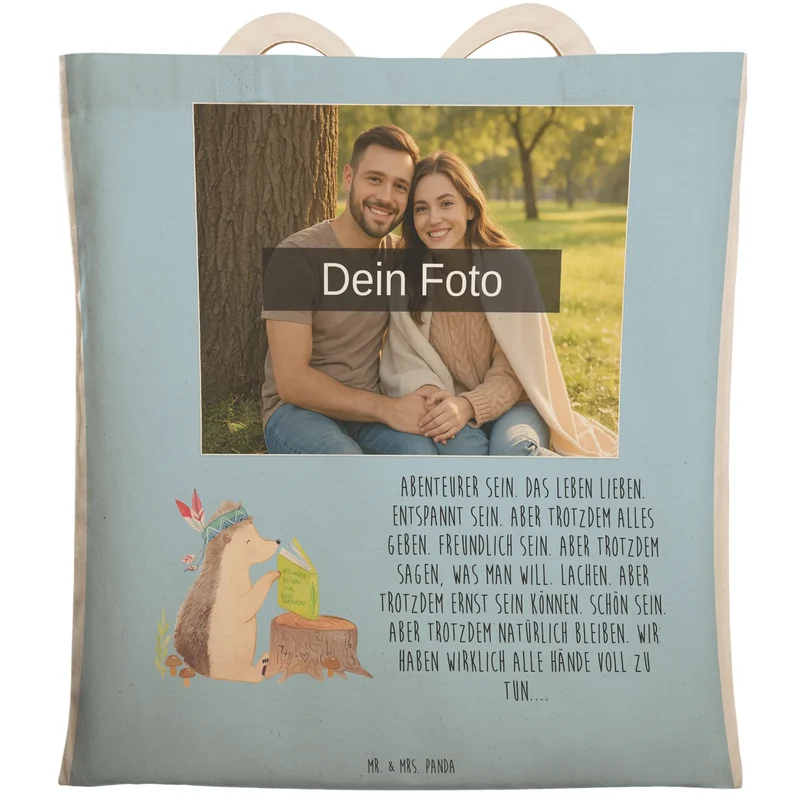 Personalisierte Foto Einkaufstasche Igel Federschmuck