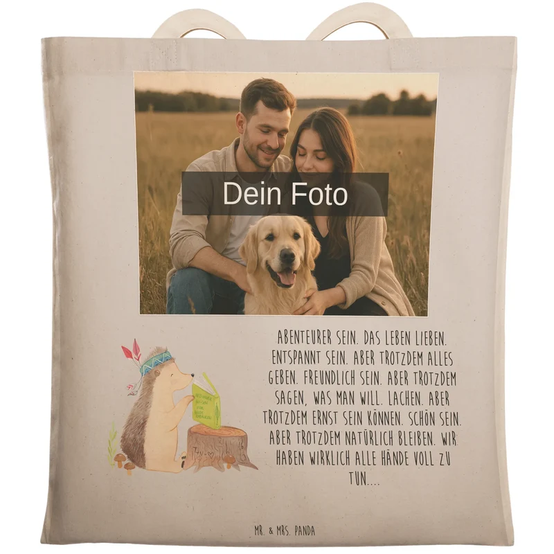 Personalisierte Foto Einkaufstasche Igel Federschmuck