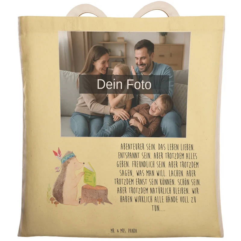 Personalisierte Foto Einkaufstasche Igel Federschmuck