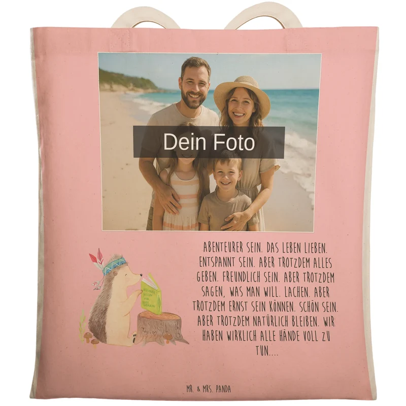 Personalisierte Foto Einkaufstasche Igel Federschmuck
