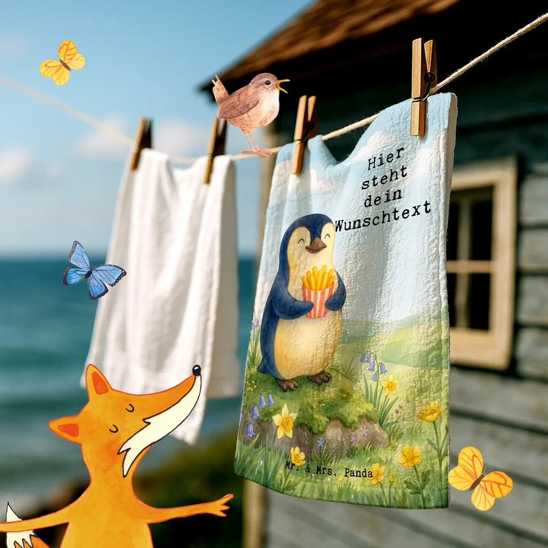 Personalisiertes Gästehandtuch Pinguin Frühling Pommes Design