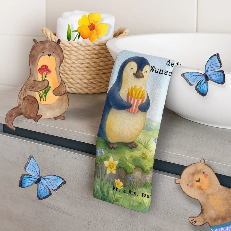 Personalisiertes Gästehandtuch Pinguin Frühling Pommes Design