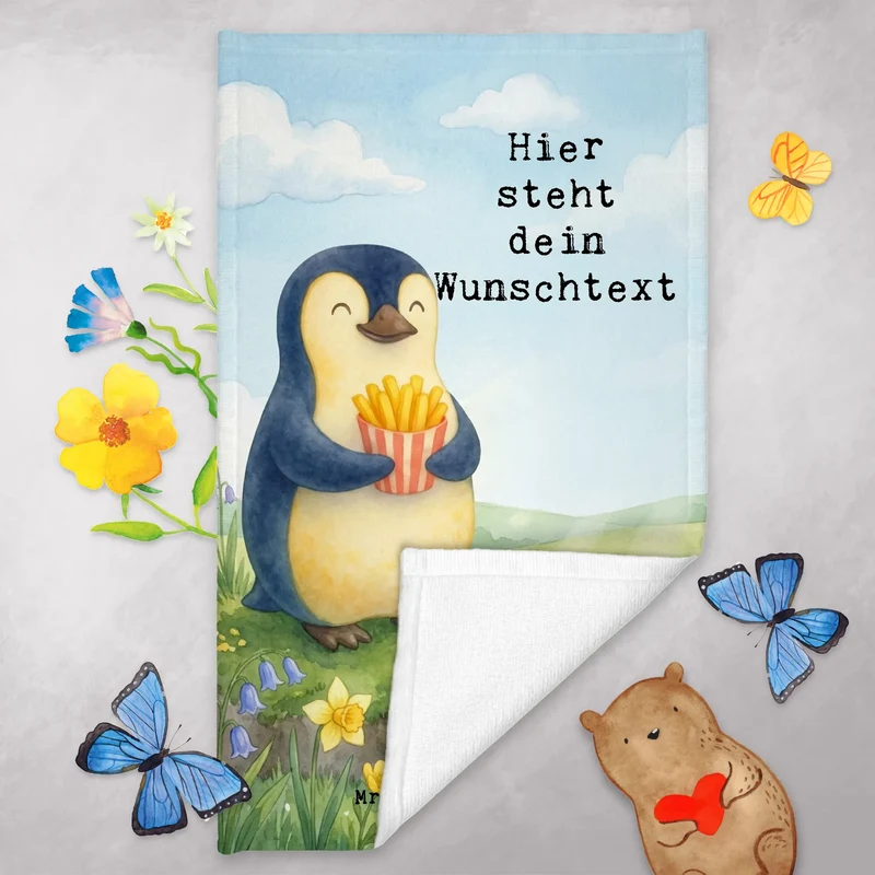 Personalisiertes Gästehandtuch Pinguin Frühling Pommes Design