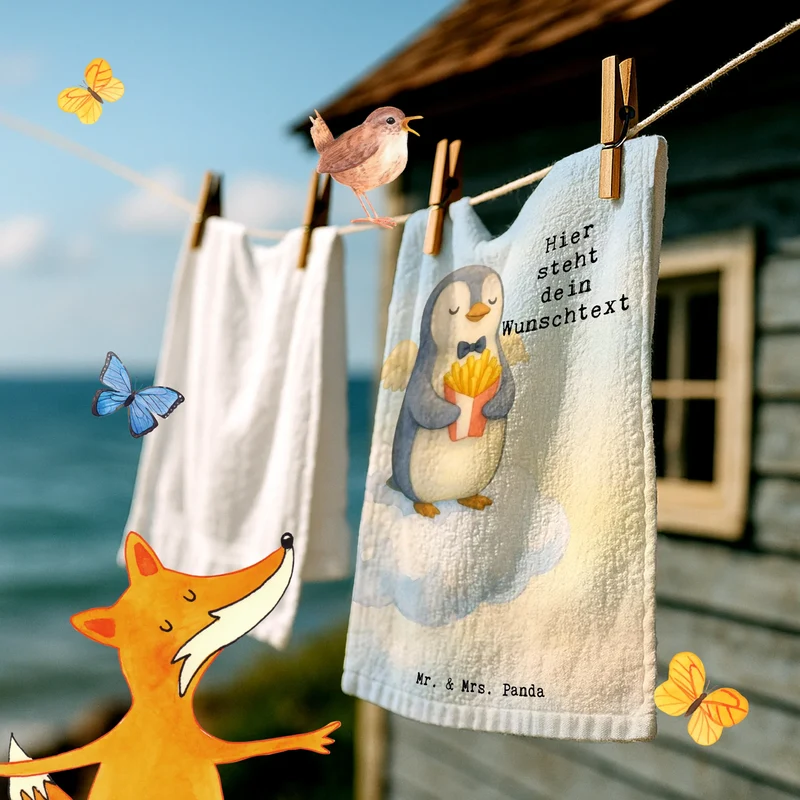 Personalisiertes Gästehandtuch Pinguin Engel Pommes Design