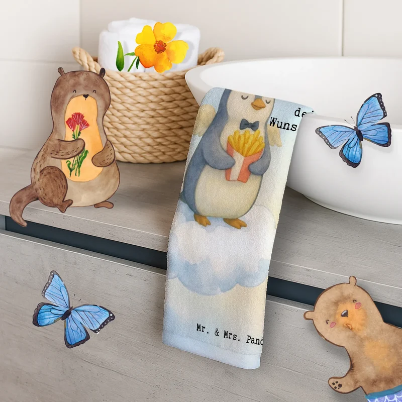 Personalisiertes Gästehandtuch Pinguin Engel Pommes Design