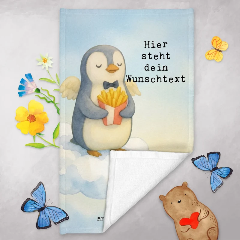 Personalisiertes Gästehandtuch Pinguin Engel Pommes Design