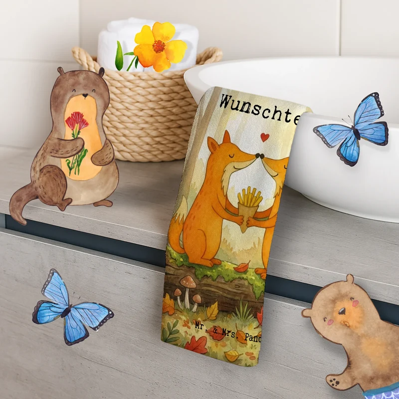 Personalisiertes Gästehandtuch Füchse Liebe Pommes Design