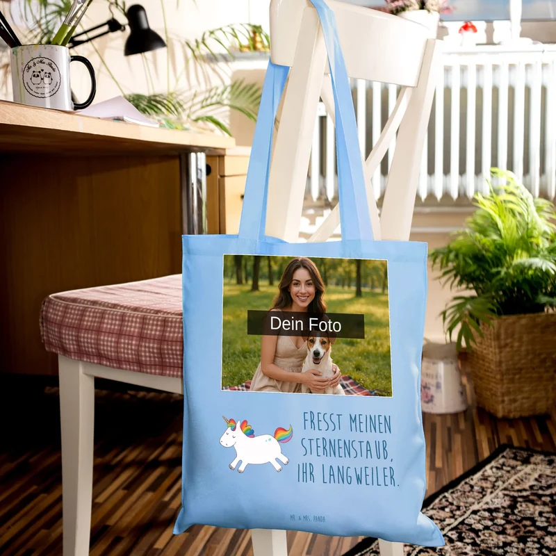 Personalisierte Foto Tragetasche Einhorn Happy