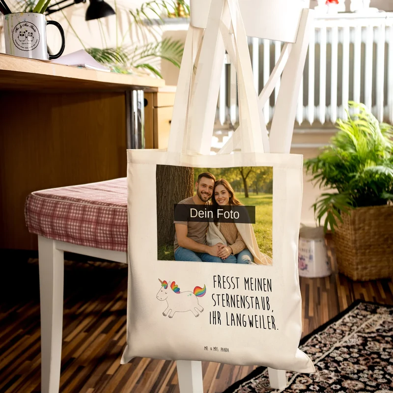 Personalisierte Foto Tragetasche Einhorn Happy
