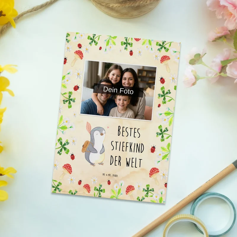 Personalisierte Foto Postkarte Pinguin Bestes Stiefkind der Welt