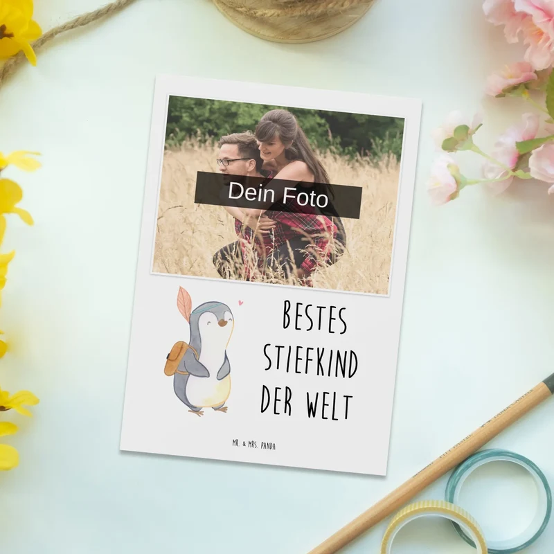 Personalisierte Foto Postkarte Pinguin Bestes Stiefkind der Welt