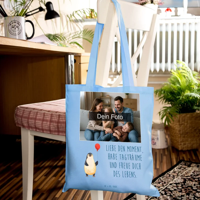 Personalisierte Foto Tragetasche Pinguin Luftballon