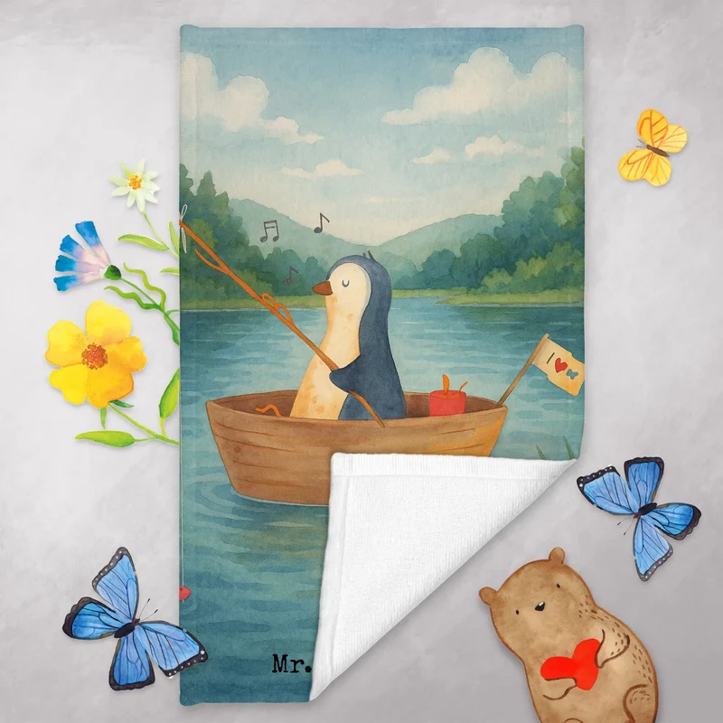 Gästehandtuch Pinguin Angelboot Design