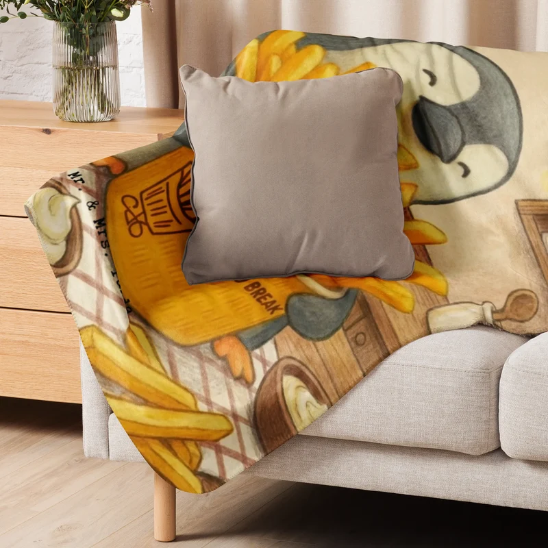 Sherpa Kuscheldecke Pinguin Pommes Eimer Design