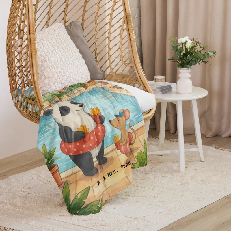 Sherpa Kuscheldecke Panda Schwimmbad Pommes Design