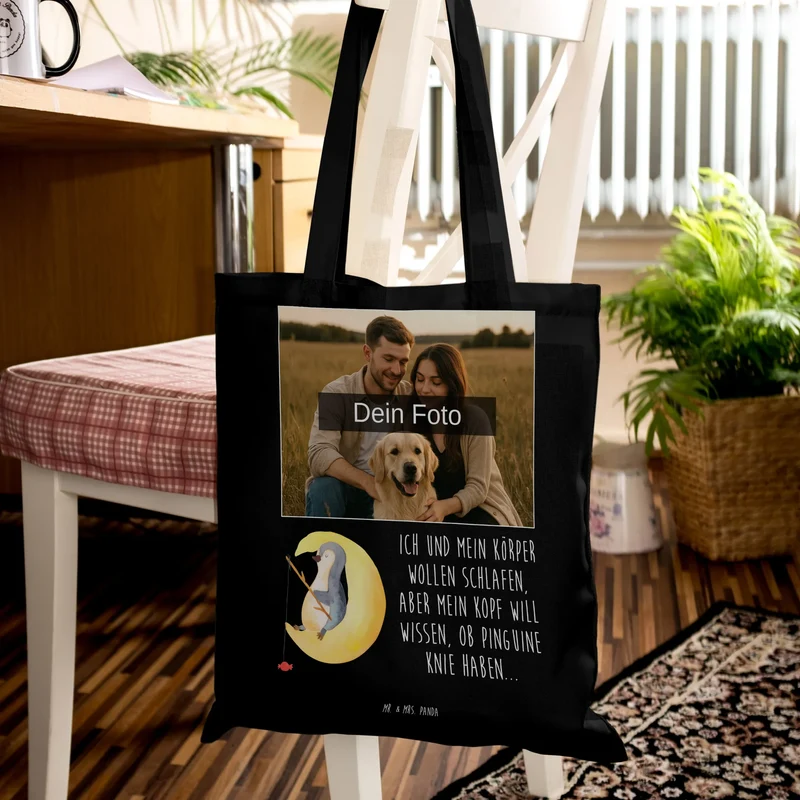 Personalisierte Foto Tragetasche Pinguin Mond