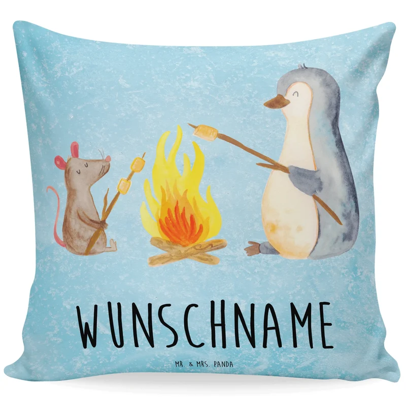 Personalisiertes Kissen Pinguin Lagerfeuer
