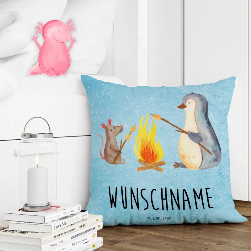 Personalisiertes Kissen Pinguin Lagerfeuer