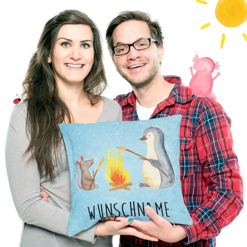 Personalisiertes Kissen Pinguin Lagerfeuer