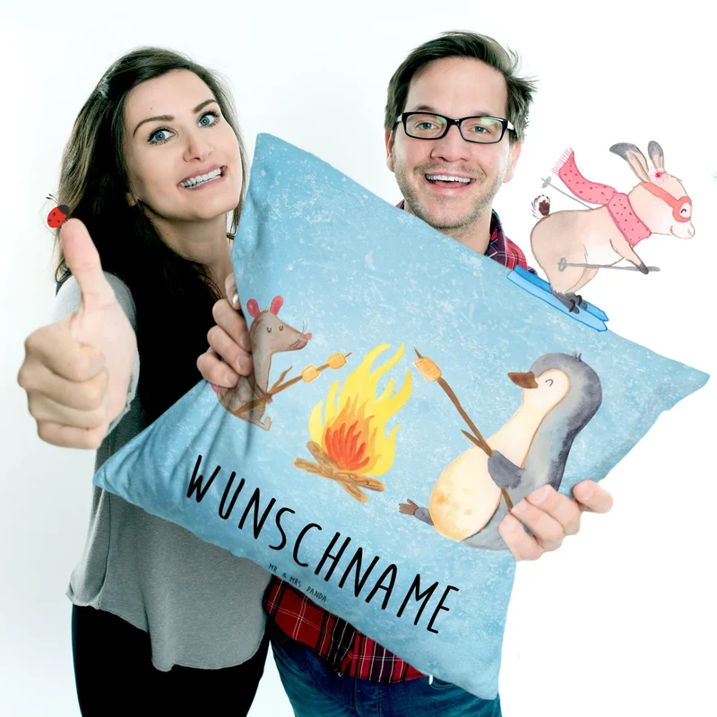 Personalisiertes Kissen Pinguin Lagerfeuer