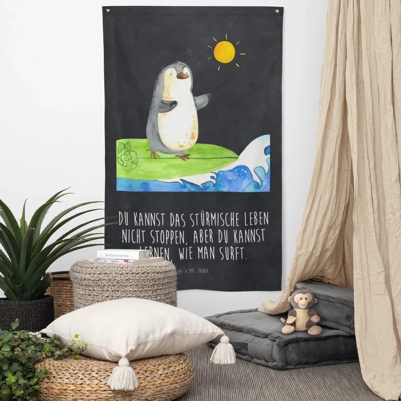 Wandteppich Pinguin Surfer