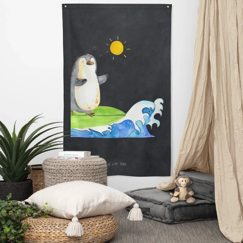 Wandteppich Pinguin Surfer