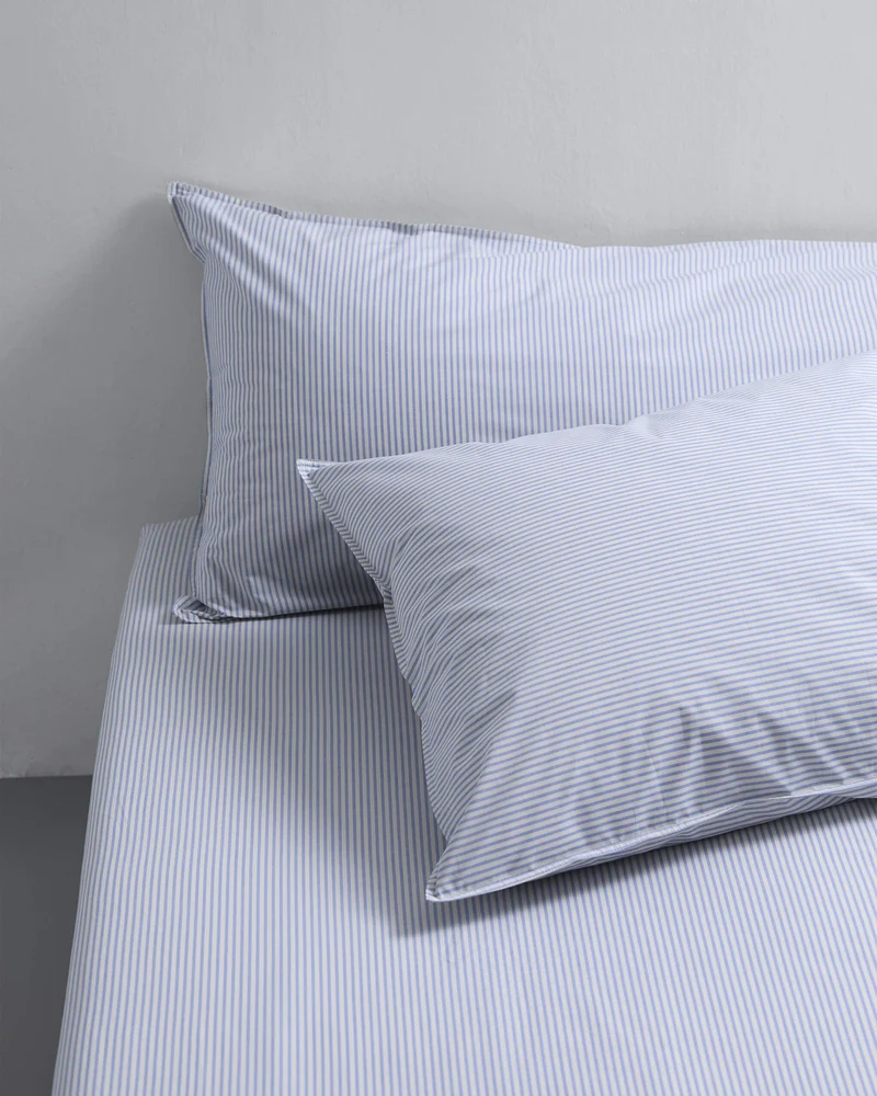 Pillowcase Cotton Stripe Blue Ecru