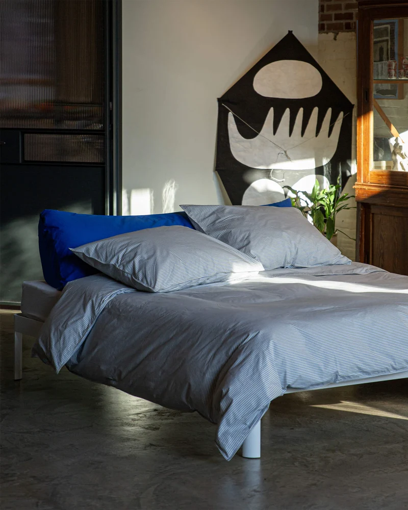 Duvet Cover Cotton Stripe Blue Ecru